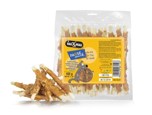 Pausesnack przysmak dla psa, patyki ze skóry owinięte kurczakiem 500g