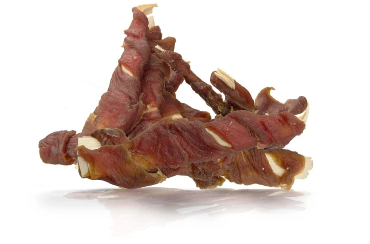 Pausesnack przysmak dla psa, paski ryby owinięte miękką kaczką 500g