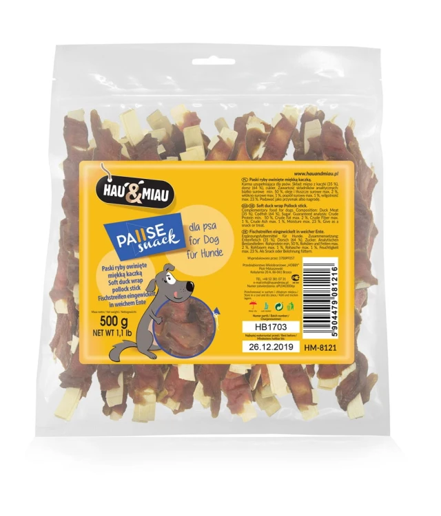Pausesnack przysmak dla psa, paski ryby owinięte miękką kaczką 500g