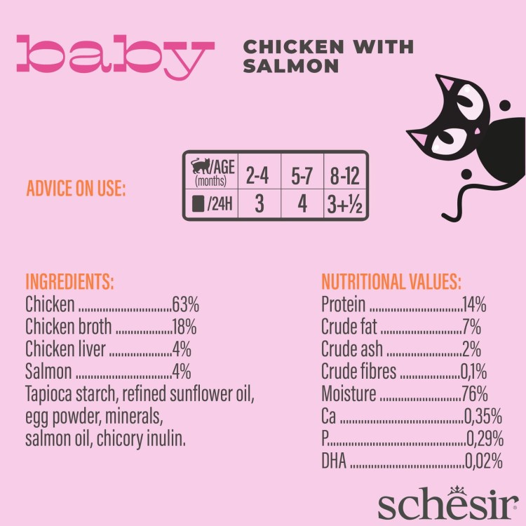Baby, karma mokra, dla kociąt, kurczak z łososiem, 70 g, puszka