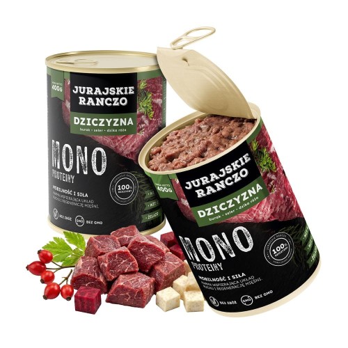Jurajskie ranczo karma dla psów MONO. Dziczyzna z burakiem, dziką różą i selerem. 400g