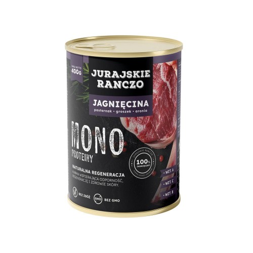 Jurajskie ranczo karma dla psów MONO.  Jagnięcina z aronią, groszkiem i pasternakiem. 400g