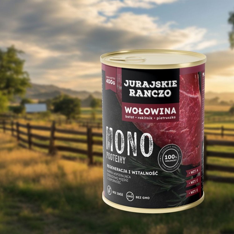 Jurajskie ranczo karma dla psów MONO. Wołowina z batatami, pietruszką i rokitnikiem. 400g