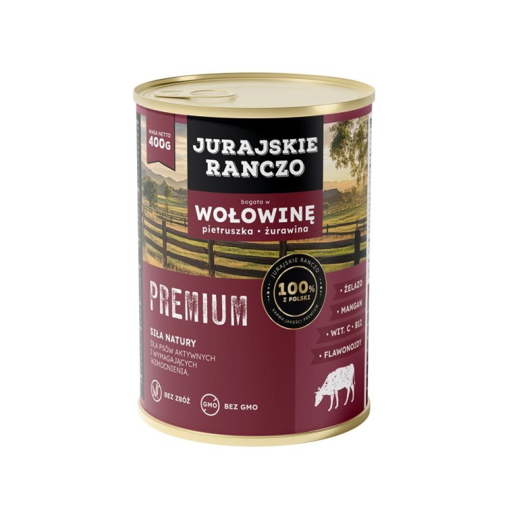 Jurajskie ranczo karma dla psów PREMIUM. Wołowina z pietruszką i żurawiną 400g