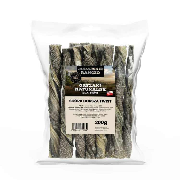 Naturalny gryzak Skóra dorsza twist 200g Jurajskie Ranczo
