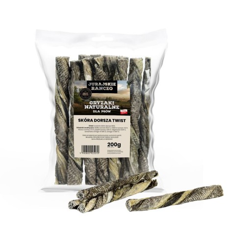 Naturalny gryzak Skóra dorsza twist 200g Jurajskie Ranczo