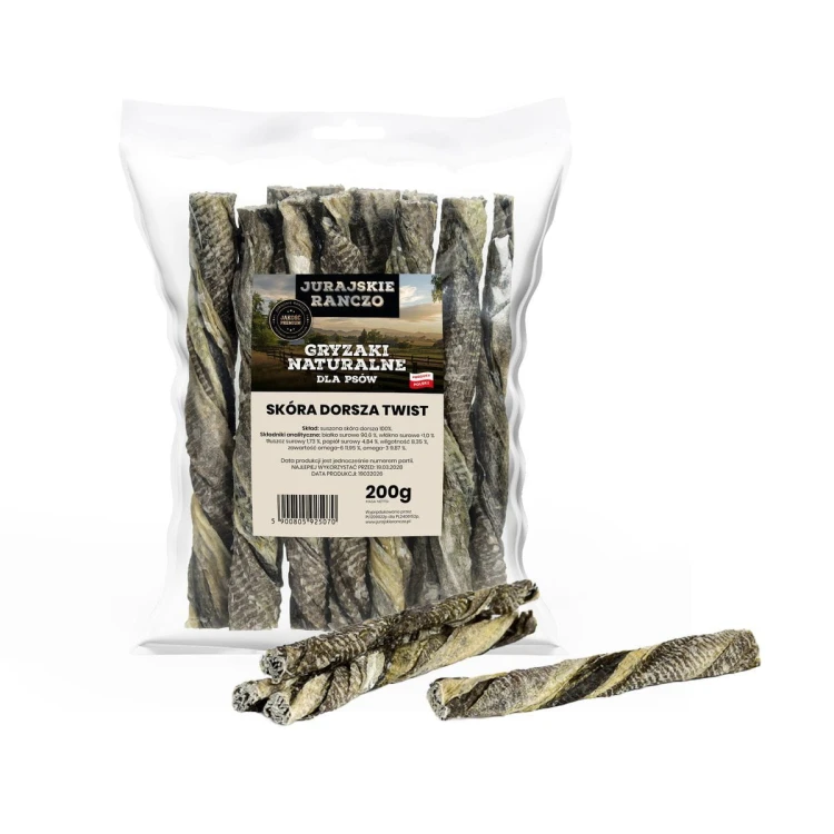 Naturalny gryzak Skóra dorsza twist 200g Jurajskie Ranczo