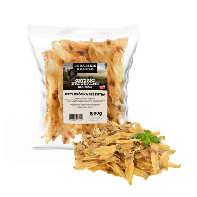 Naturalny gryzak Uszy królika bez futra 1kg Jurajskie Ranczo