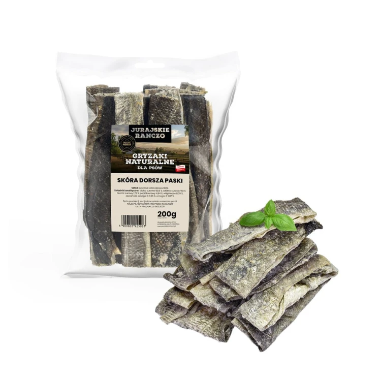 Naturalny gryzak Skóra dorsza paski 200g Jurajskie Ranczo