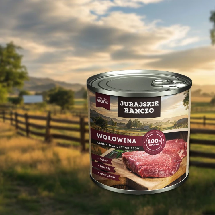 Juraskie Ranczo karma dla DUŻYCH PSÓW. Wołowina z warzywami. 830g