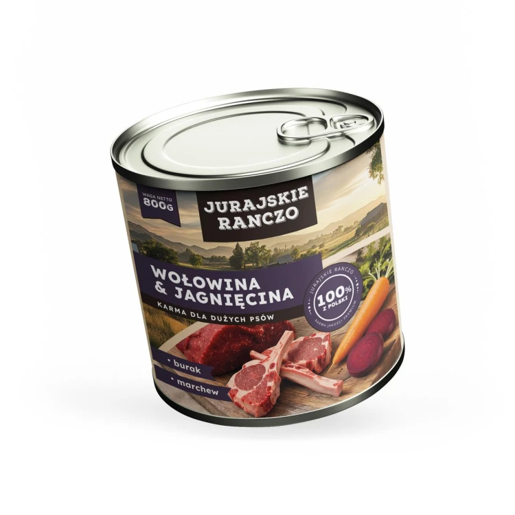 Juraskie Ranczo karma dla DUŻYCH PSÓW. Wołowina & Jagnięcina. 830g