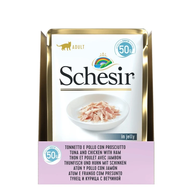Karma mokra, dla kotów, tuńczyk z kurczakiem i szynką w galarecie, 50 g, saszetka