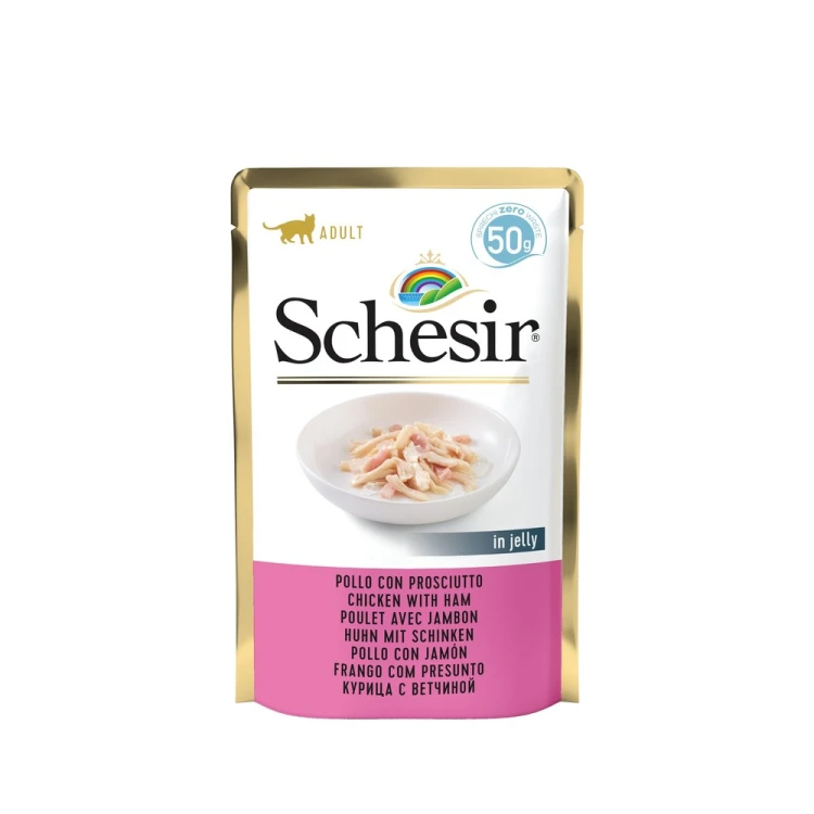 Karma mokra, dla kotów, kurczak z szynką w galarecie, 50 g, saszetka