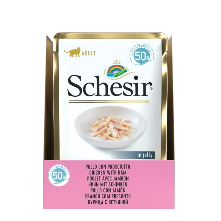 Karma mokra, dla kotów, kurczak z szynką w galarecie, 50 g, saszetka