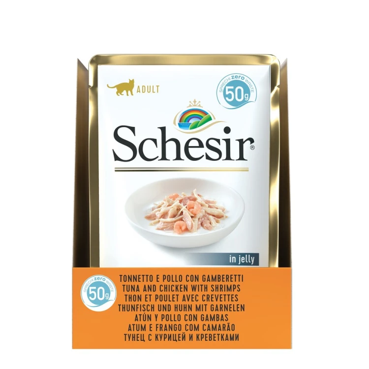 Karma mokra, dla kotów, tuńczyk z kurczakiem i krewetkami w galarecie, 50 g, saszetka
