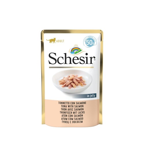 Karma mokra, dla kotów, tuńczyk z łososiem w galarecie, 50 g, saszetka