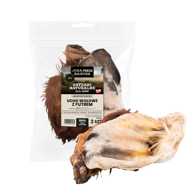 Naturalny gryzak Ucho wołowe z futrem Jurajskie Ranczo - 2 szt