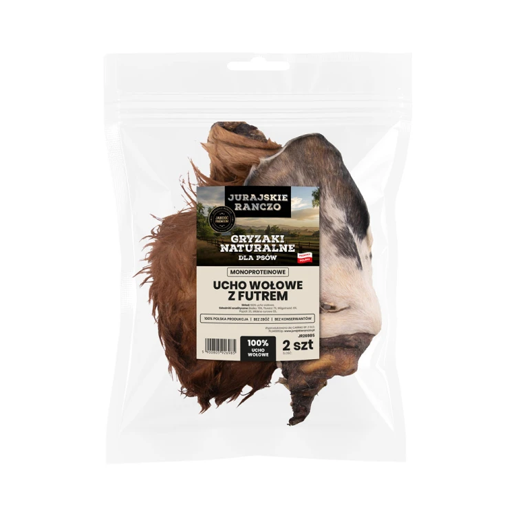 Naturalny gryzak Ucho wołowe z futrem Jurajskie Ranczo - 2 szt