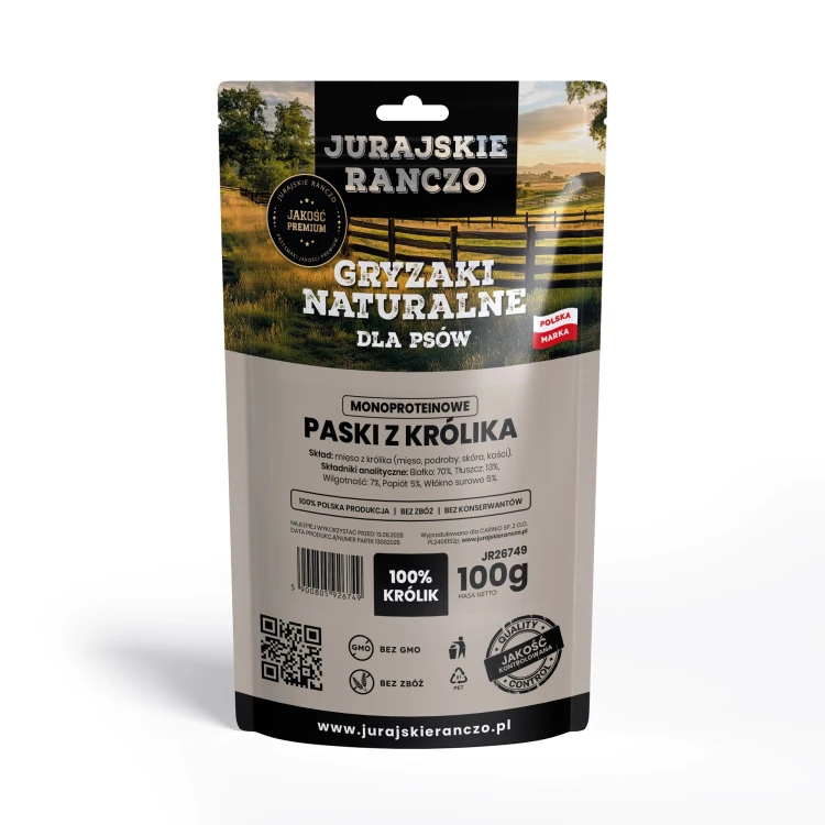 Naturalny gryzak Paski z królika Jurajskie Ranczo - 100g