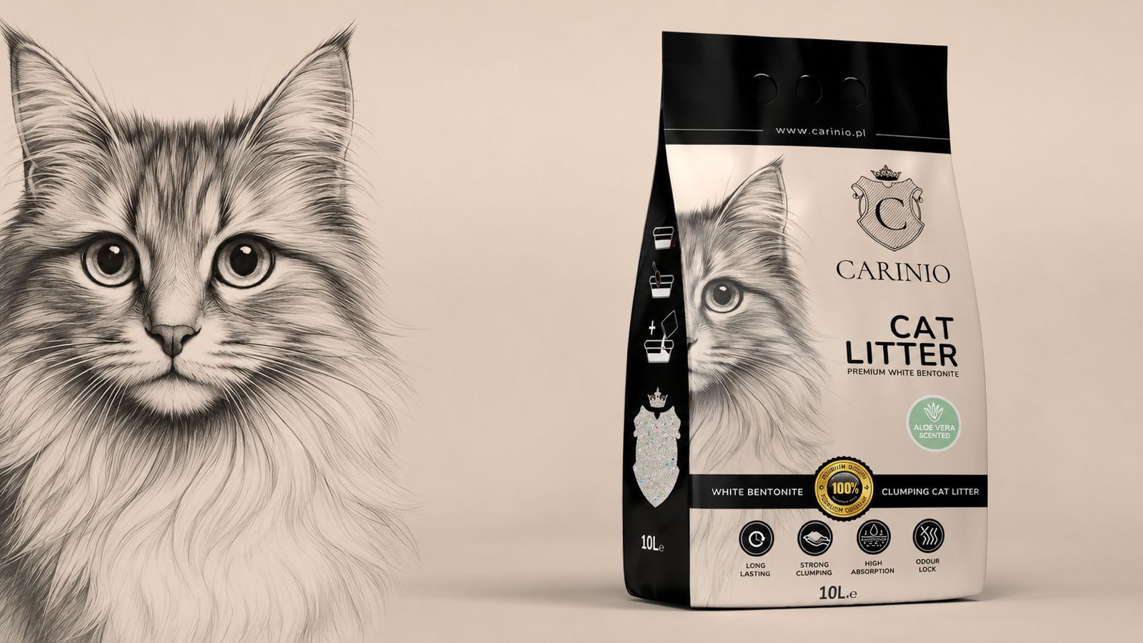 Żwirek  bentonitowy CARINIO Cat Litter 10l – kot i opakowanie