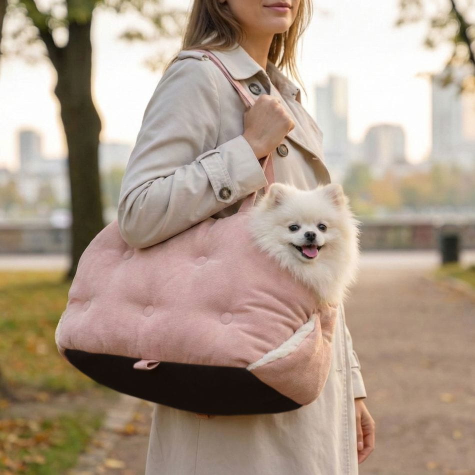 Opiekunka niesie psa w torbie-legowisku Carinio DODA pink