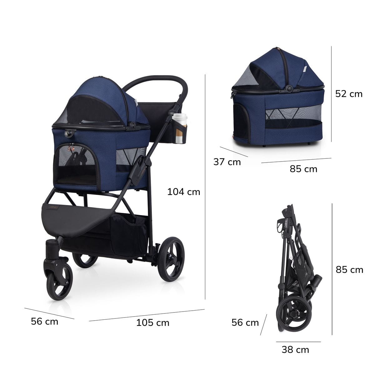 Wymiary wózka Carinio EOS Navy – rozłożony, transporter i po złożeniu