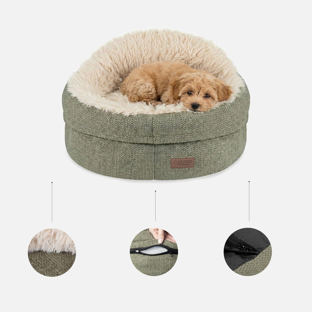 Materiały legowiska COSY olive – puszyste wnętrze, tkanina, spód