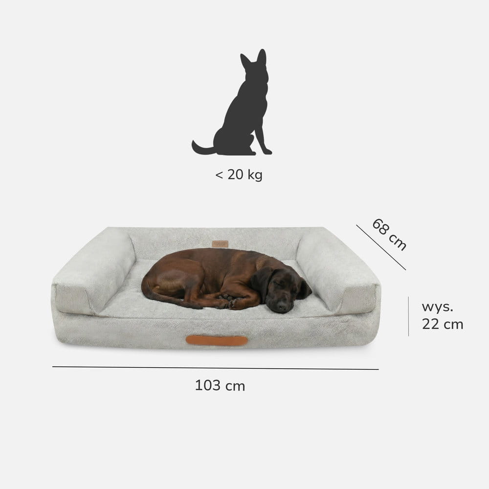 Wymiary legowiska LOUNGE L: 103 × 68 cm, wysokość 22 cm, dla psa do 20 kg