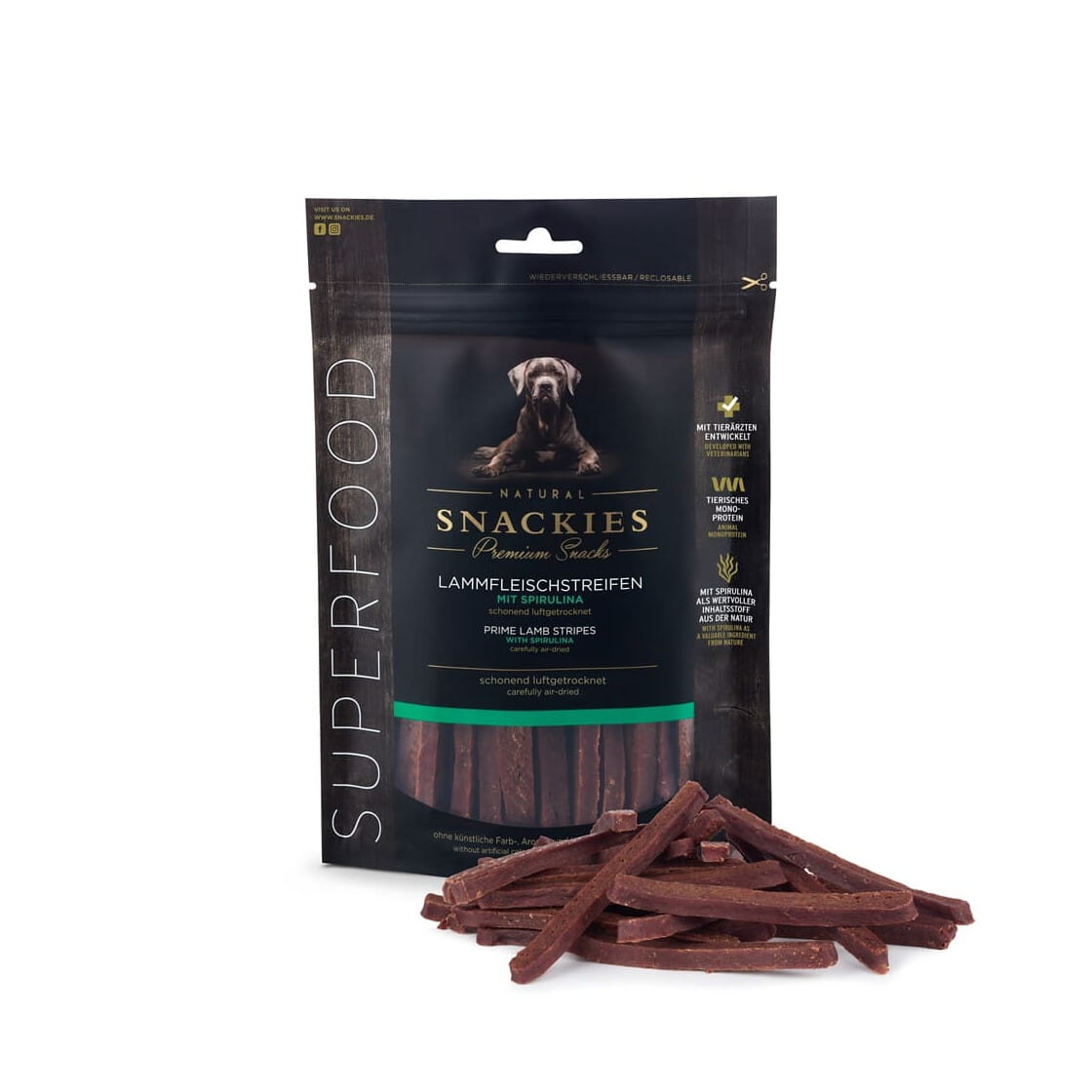 Premium Snacks Przysmak dla psa - Paski z jagnięciny ze spiruliną 170 g