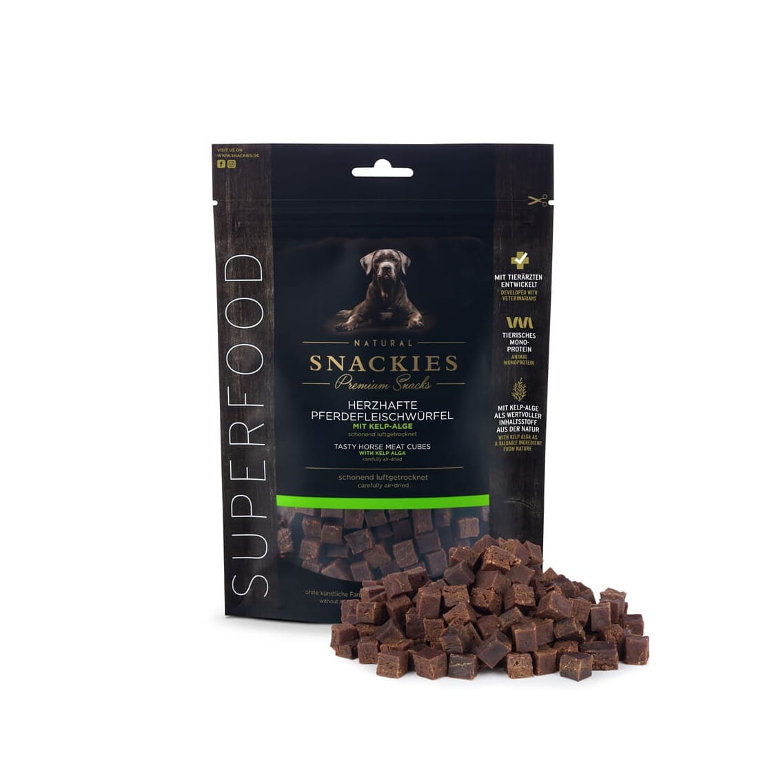 Premium Snacks Przysmak dla psa - Kostki z koniny z algami kelp 170 g