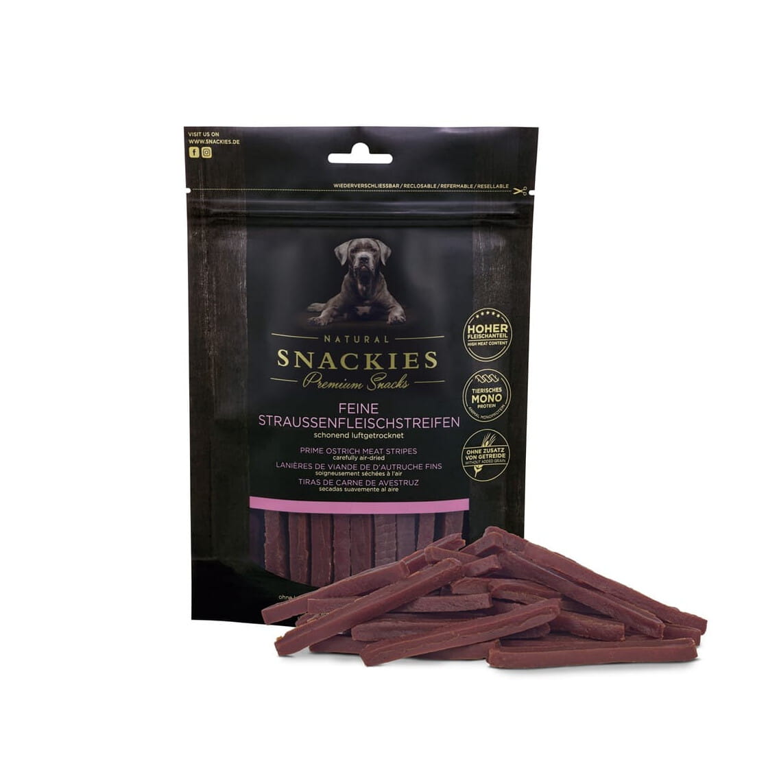 Premium Snacks Przysmak dla psa - Paski ze strusia 150 g