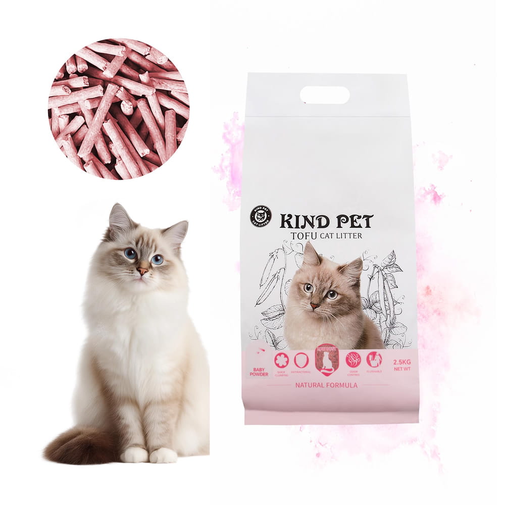 Kot przy worku żwirku tofu Kind Pet Baby Powder 2,5 kg