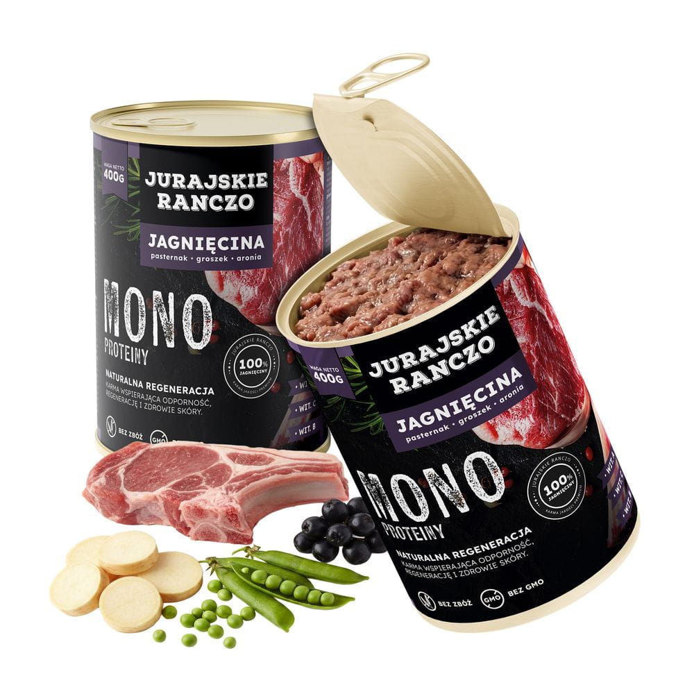 Jurajskie ranczo karma dla psów MONO.  Jagnięcina z aronią, groszkiem i pasternakiem. 400g
