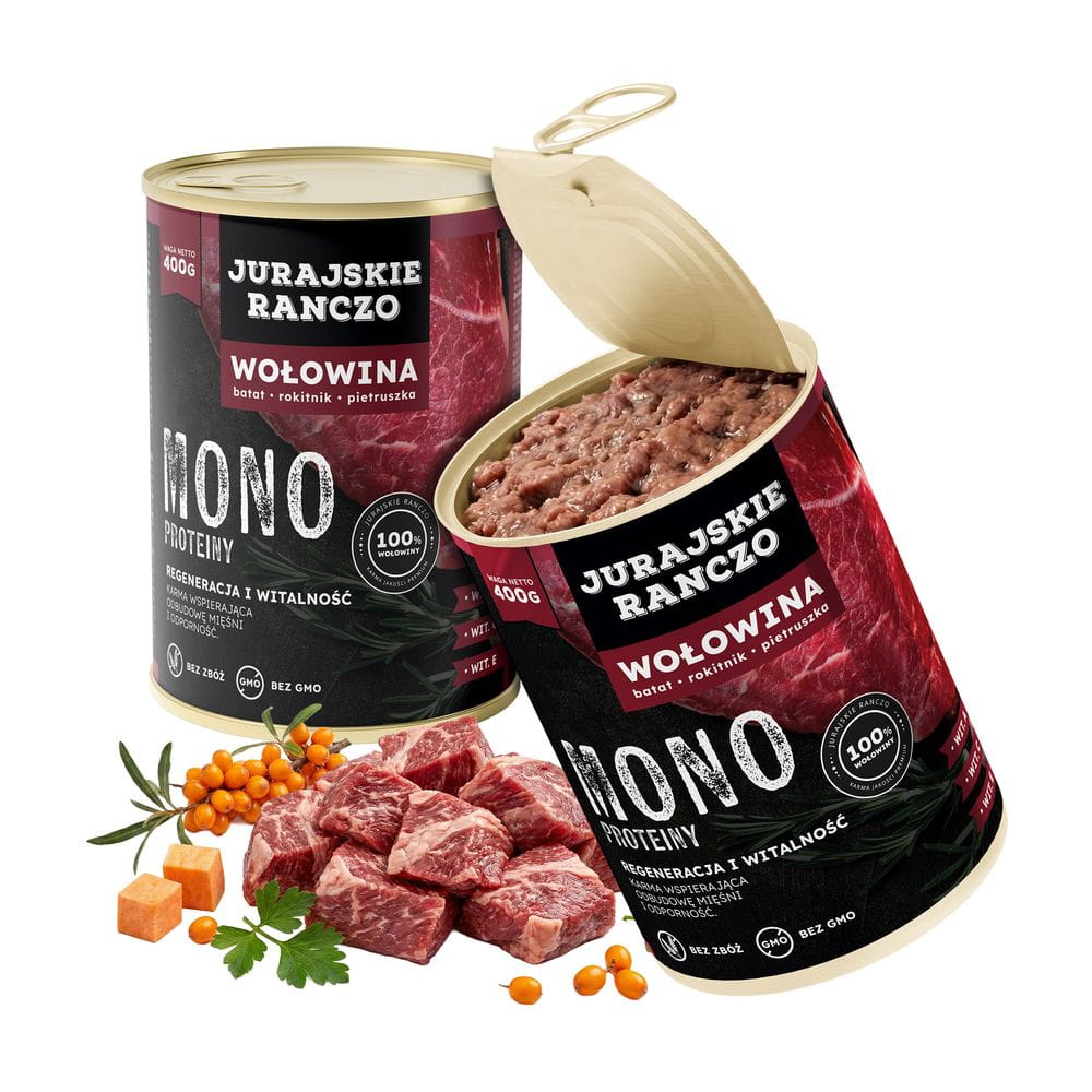 Jurajskie ranczo karma dla psów MONO. Wołowina z batatami, pietruszką i rokitnikiem. 400g