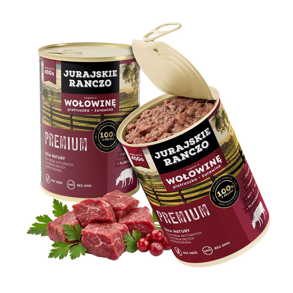 Jurajskie ranczo karma dla psów PREMIUM. Wołowina z pietruszką i żurawiną 400g