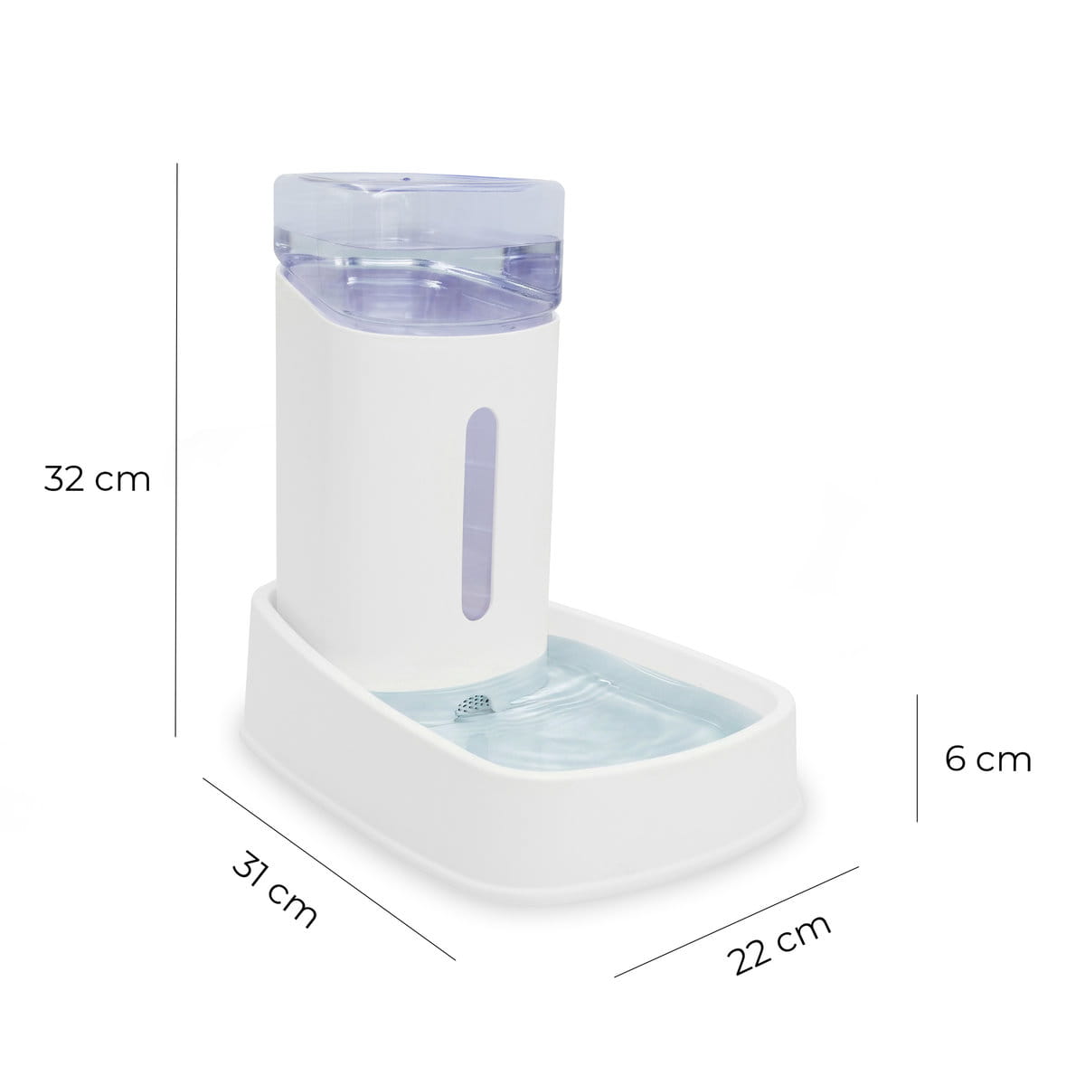 Wymiary dozownika wody FlowFeed: 32 × 31 × 22 cm