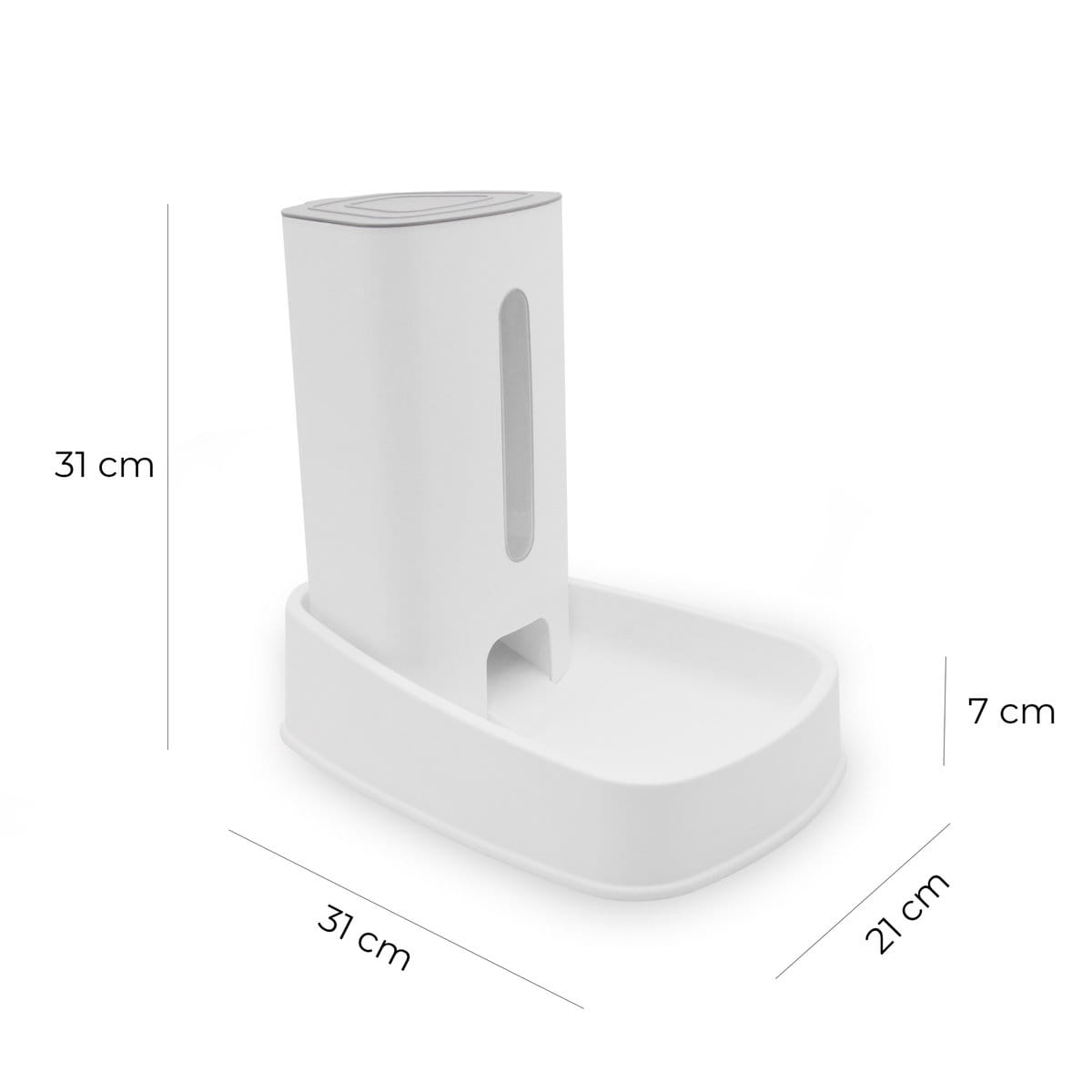 Wymiary dozownika karmy FlowFeed: 31 × 31 × 21 cm