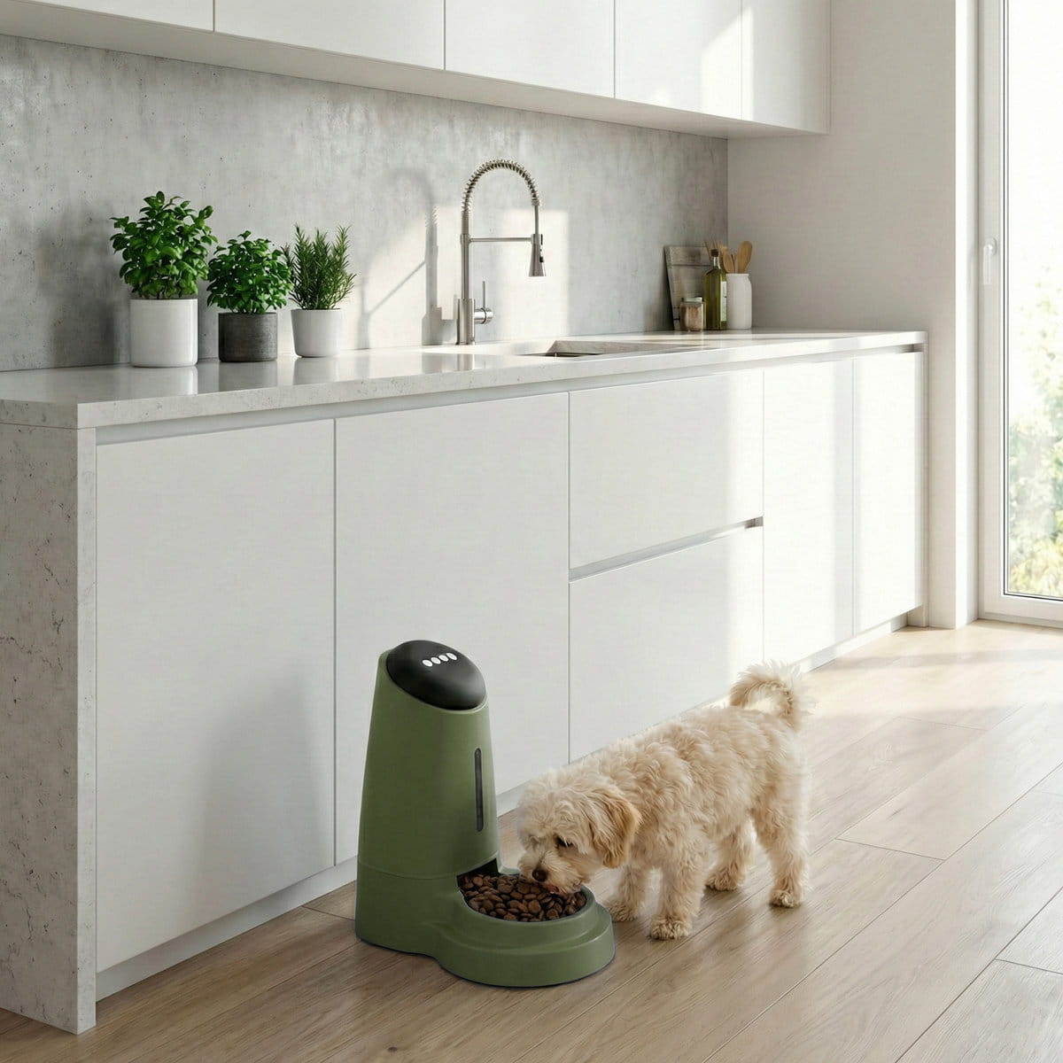 Pies jedzący z dozownika karmy PetPortion 3,2 l green w kuchni