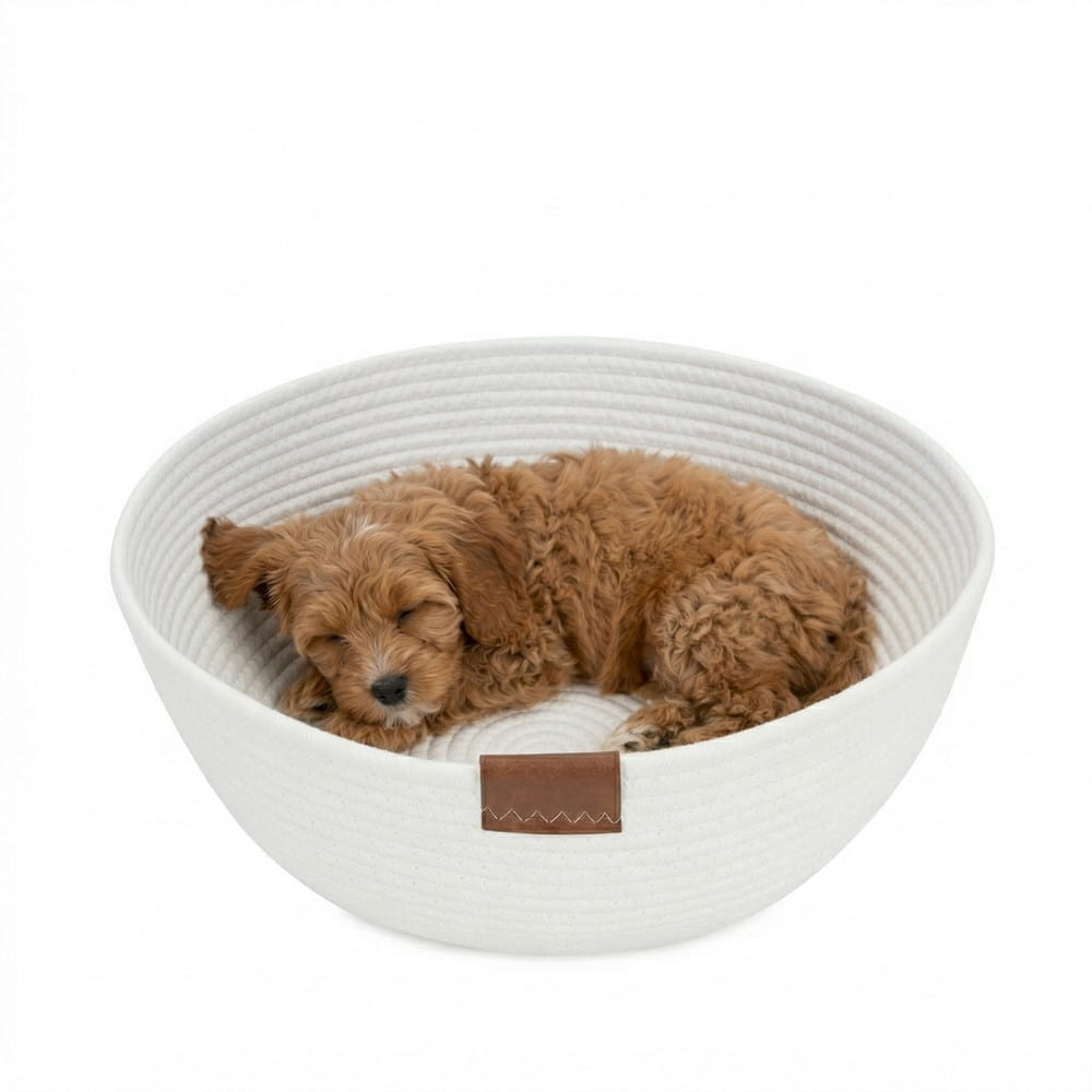 Pies odpoczywający w plecionym legowisku Carinio BOWL White L