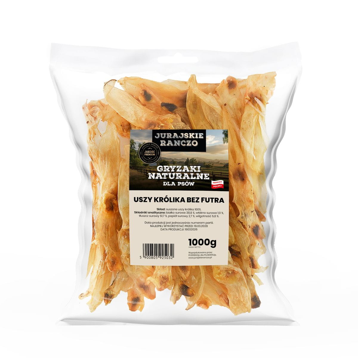 Naturalny gryzak Uszy królika bez futra 1kg Jurajskie Ranczo