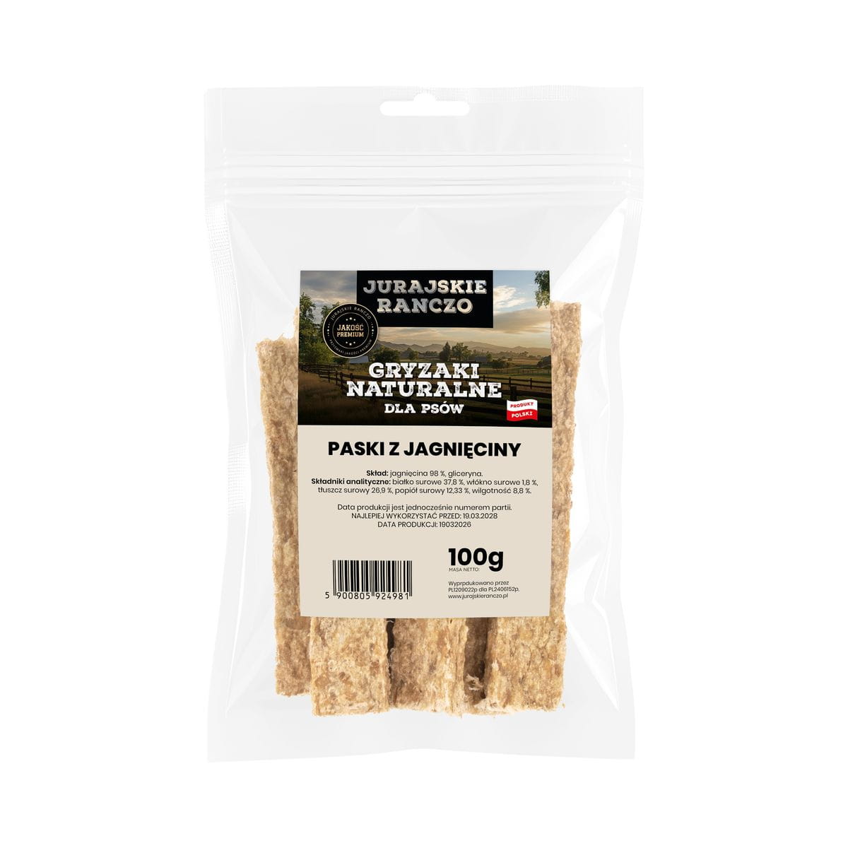 Naturalny gryzak Jagnięce paski 12cm 100g Jurajskie Ranczo – zdjęcie 1