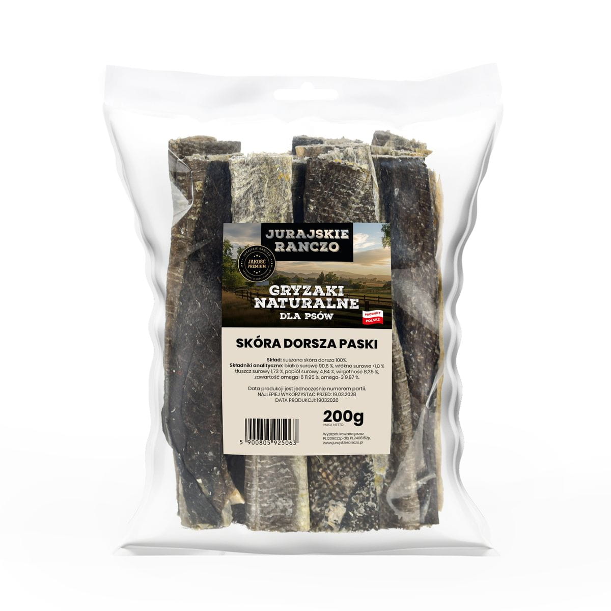Naturalny gryzak Skóra dorsza paski 200g Jurajskie Ranczo