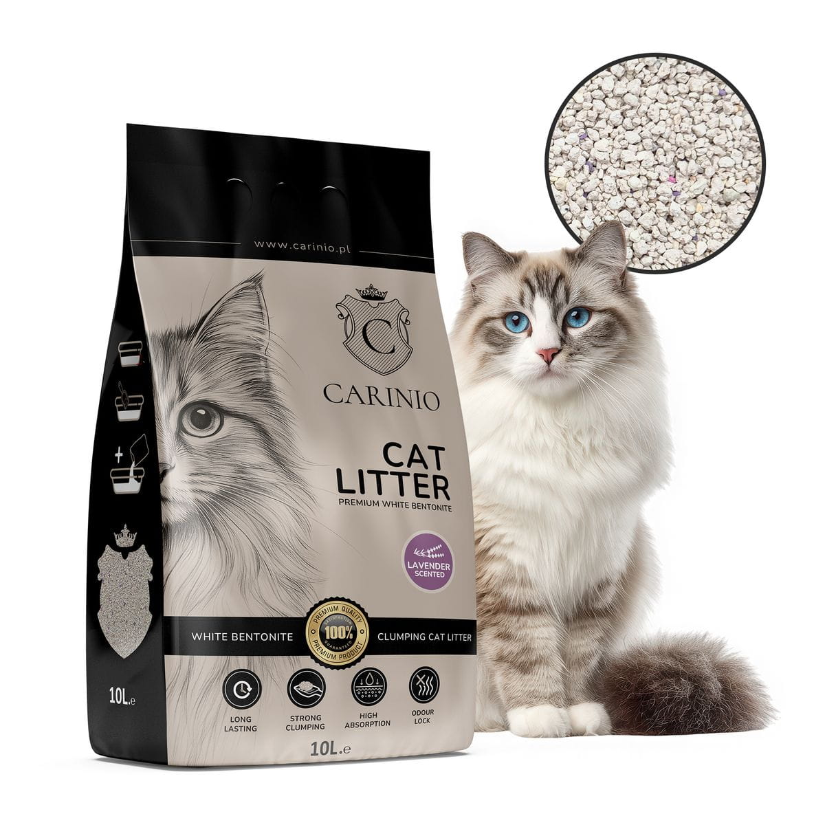 Żwirek bentonitowy Carinio Lavender 10l — zdjęcie 1