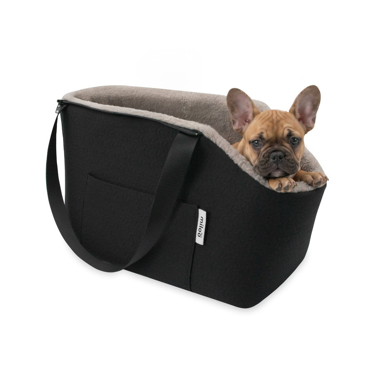 Mały pies w torbie transportowej MilooPets TRAVELLY Black noszonej na pasku