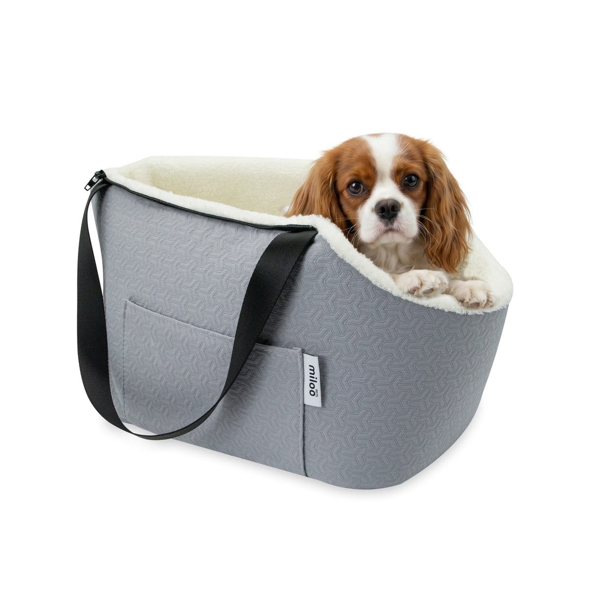 Mały pies w torbie transportowej MilooPets TRAVELLY Gray noszonej na pasku