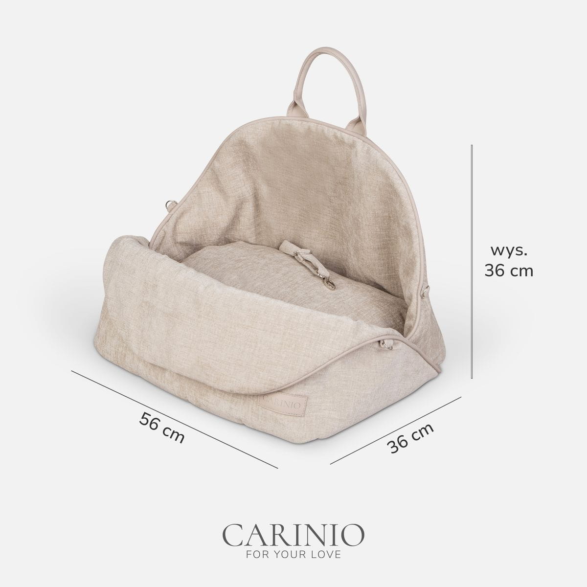 Wymiary torby Carinio AMIS Cream: długość 56 cm, szerokość 36 cm, wysokość 36 cm