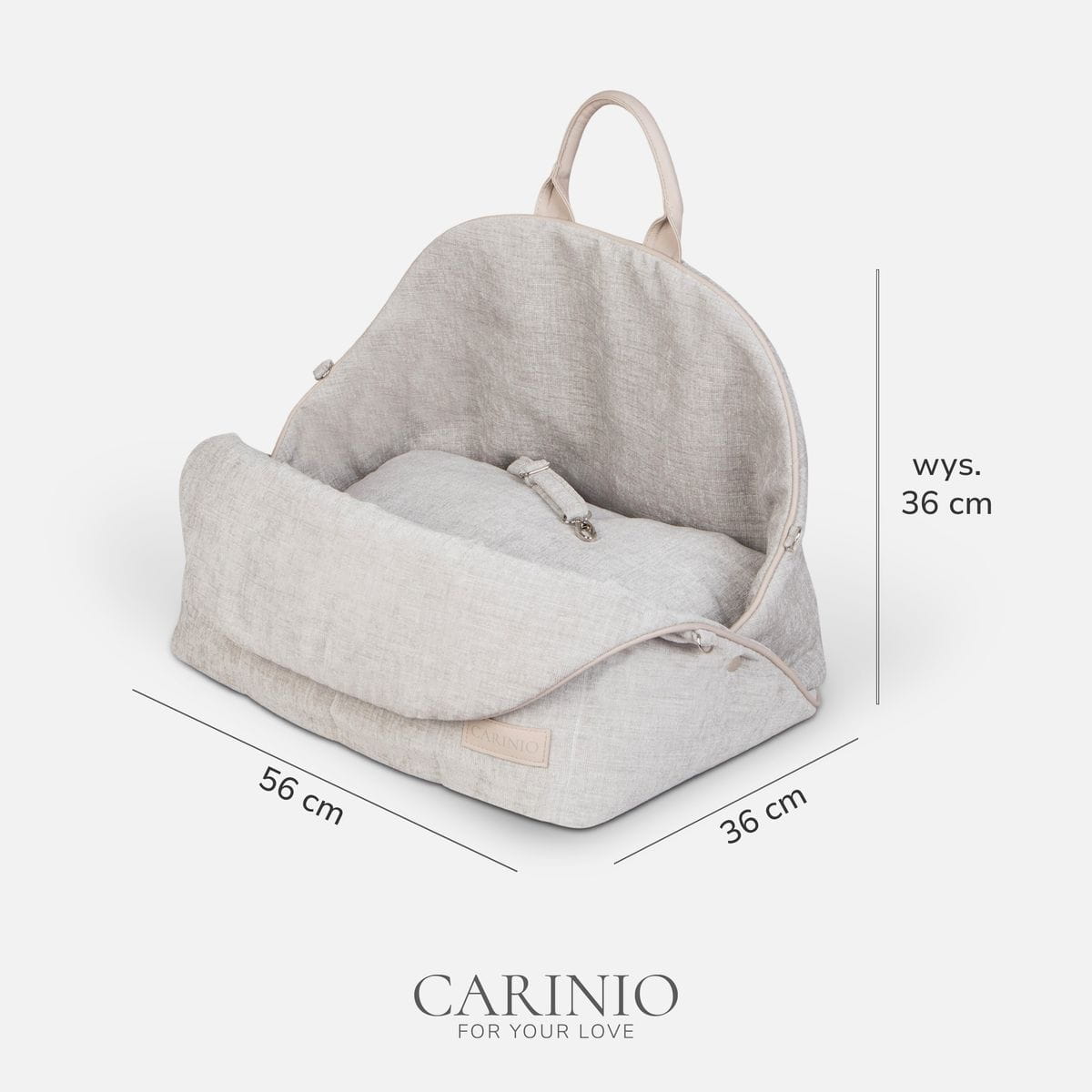 Wymiary torby Carinio AMIS Dove: długość 56 cm, szerokość 36 cm, wysokość 36 cm
