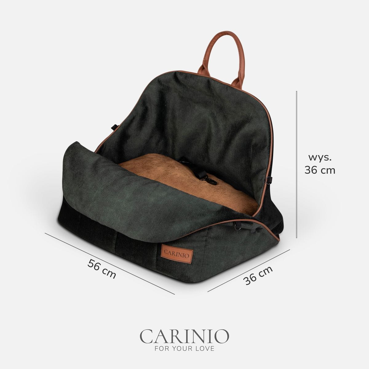 Wymiary torby Carinio AMIS Forest: długość 56 cm, szerokość 36 cm, wysokość 36 cm