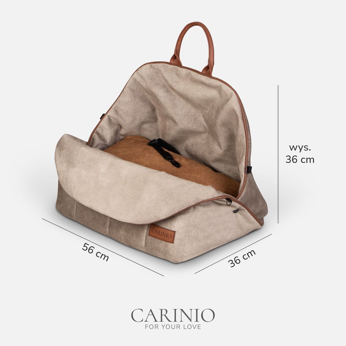 Wymiary torby Carinio AMIS Desert: długość 56 cm, szerokość 36 cm, wysokość 36 cm