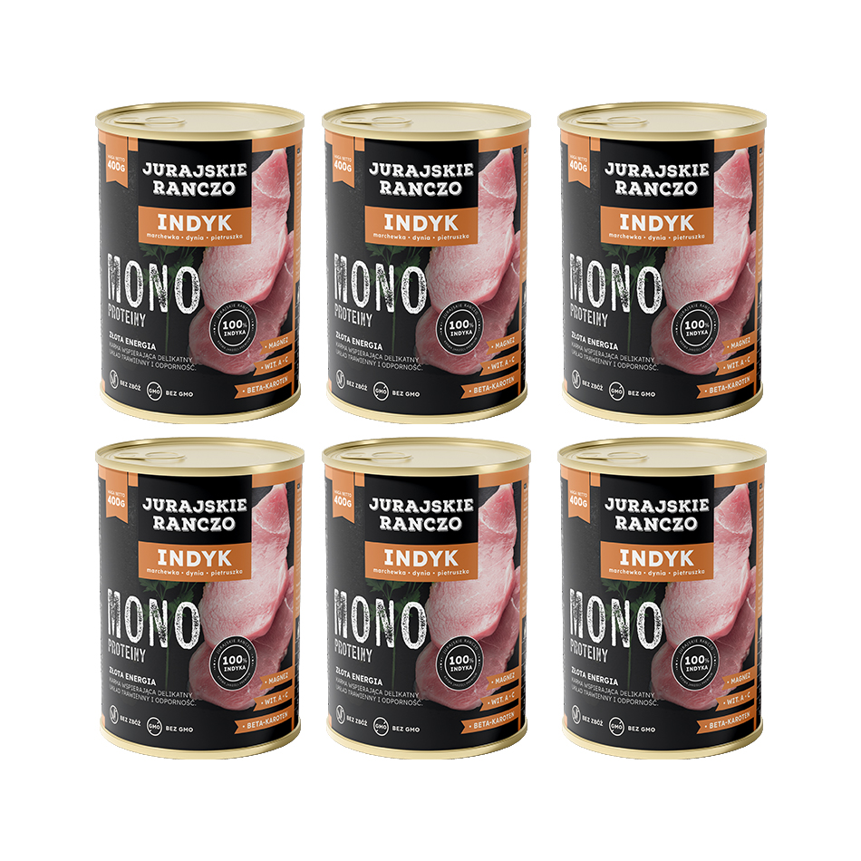 Jurajskie Ranczo Mono Białkowe z indykiem – zestaw 6 puszek 400 g